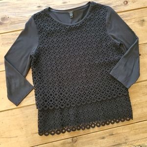 J. Crew 3/4 Sleeve Lace Front Cotton Crew Neck Black Top Medium